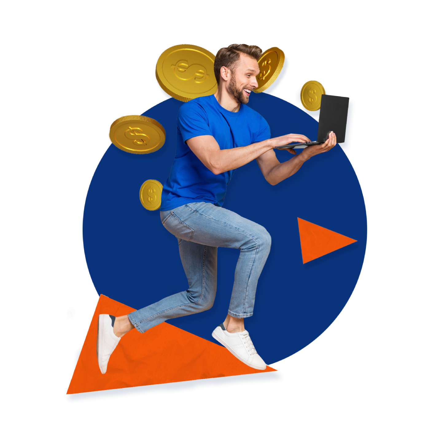 smiling man jumping with laptop with coins floating around