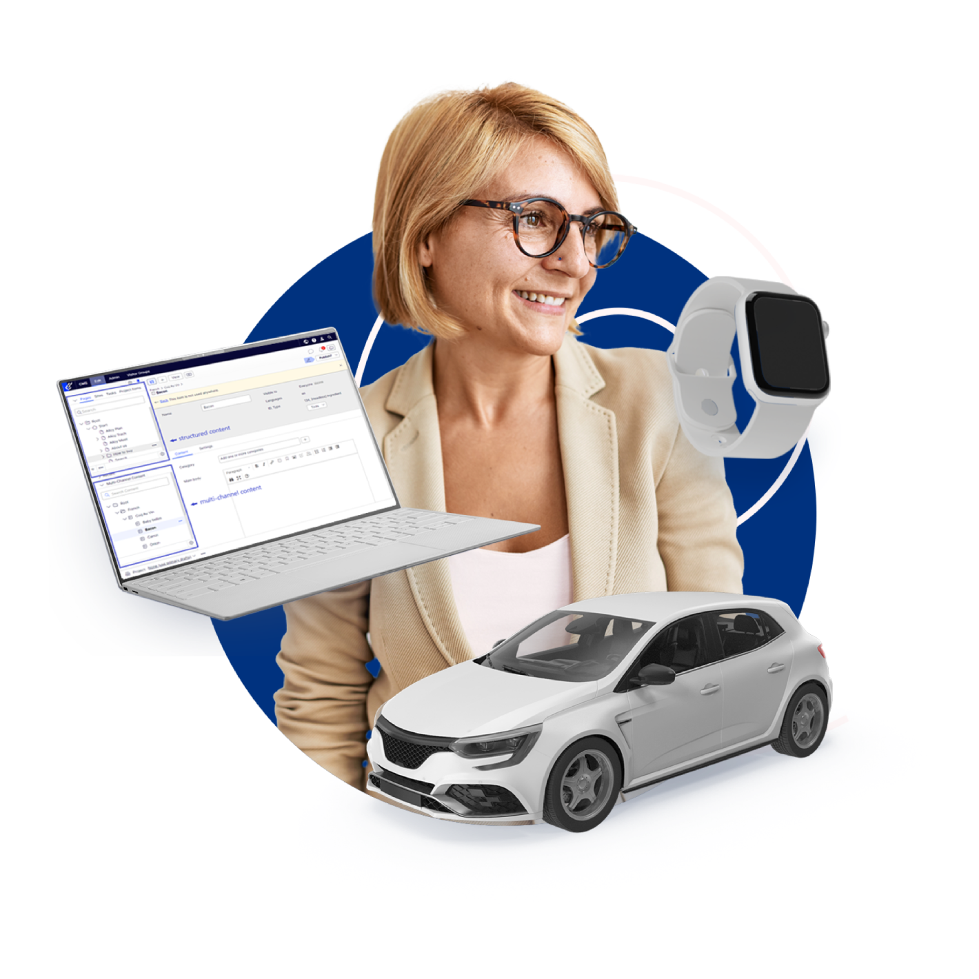 graphic showing woman and laptop, car and smart watch